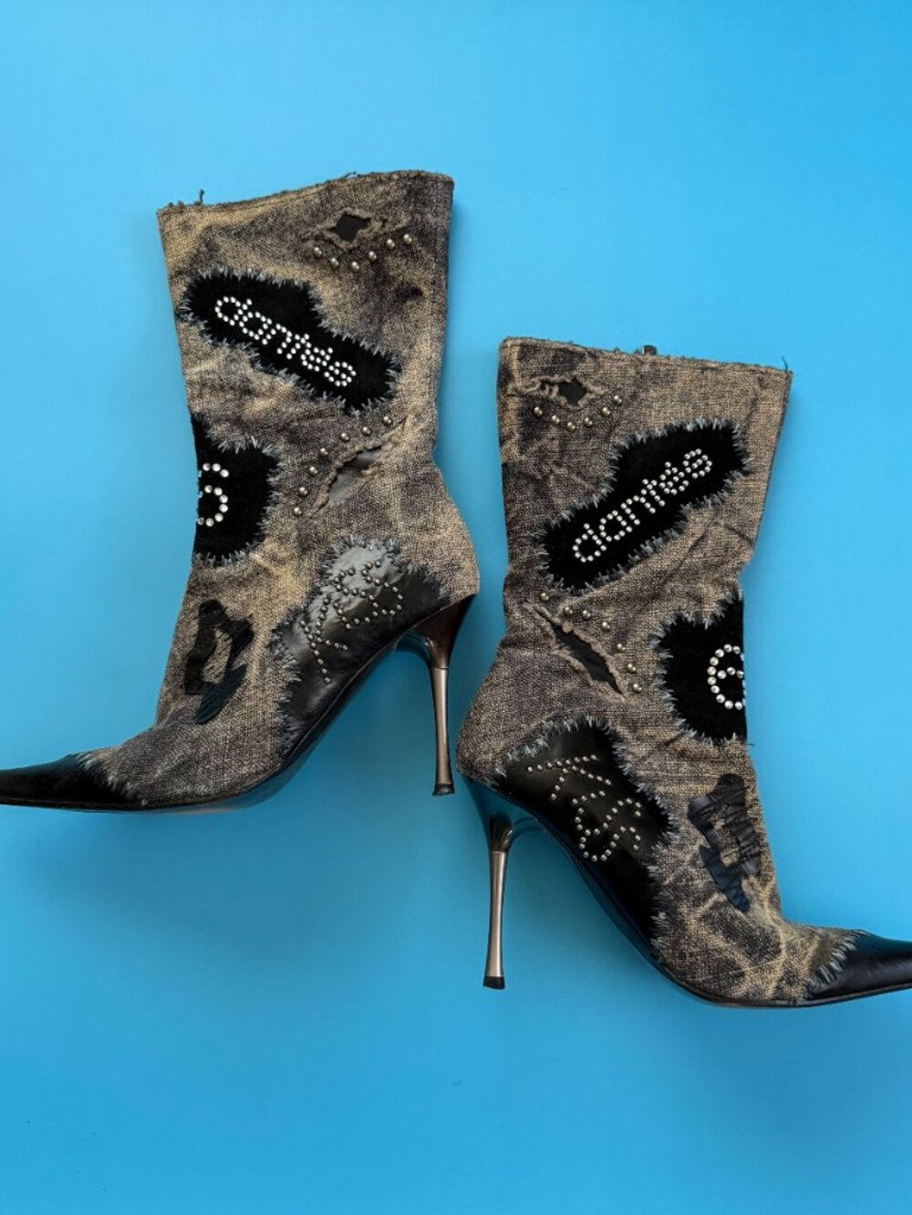 El Dantes SS06 Patchwork Linen Studded Stiletto Boots EU 38 Made in Spain Y2K